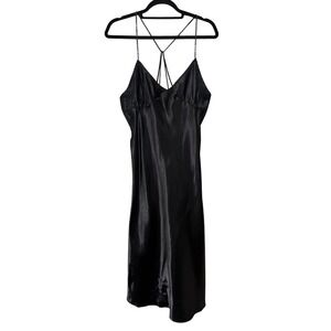 VTG Y2K Black Satin Midi Slip Dress Beaded Straps Evening Glamour Med Large